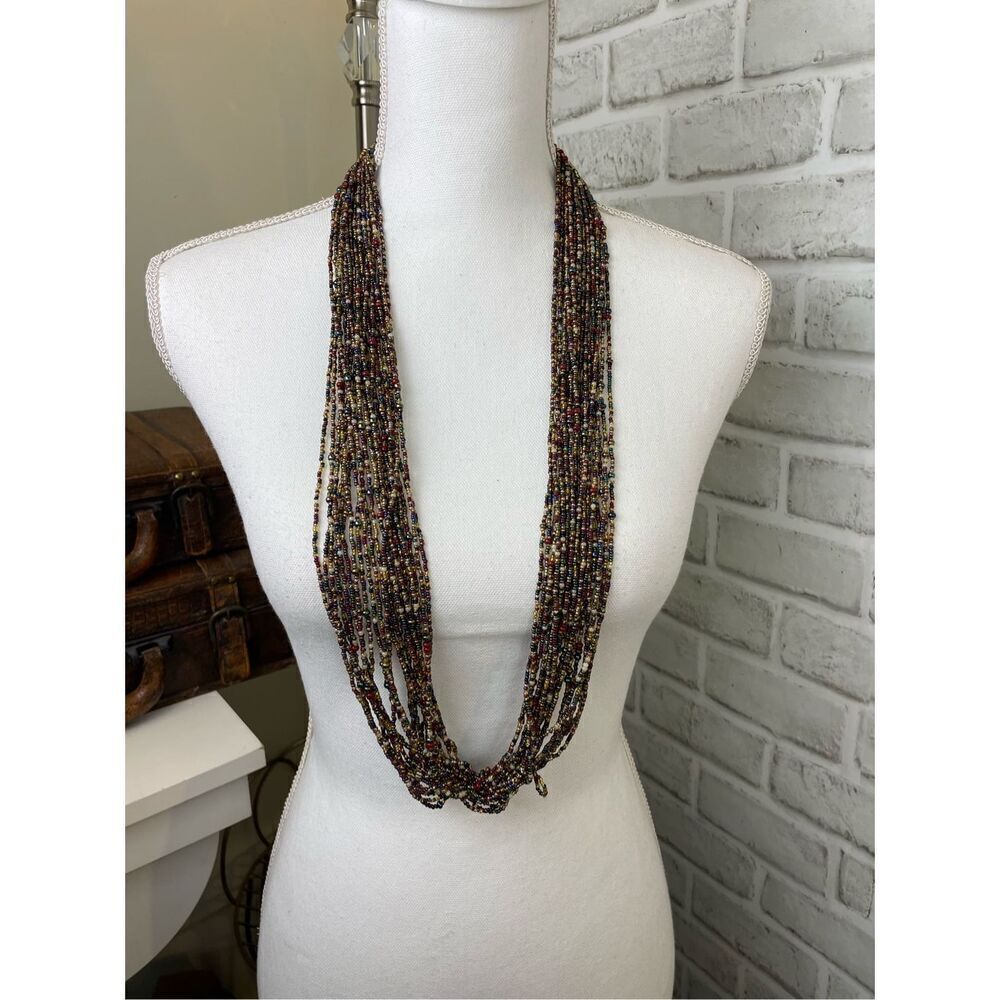 Vintage JOAN RIVERS Gold Tone 24-Strand Seed Beads Necklace 37" Long Earth Tones